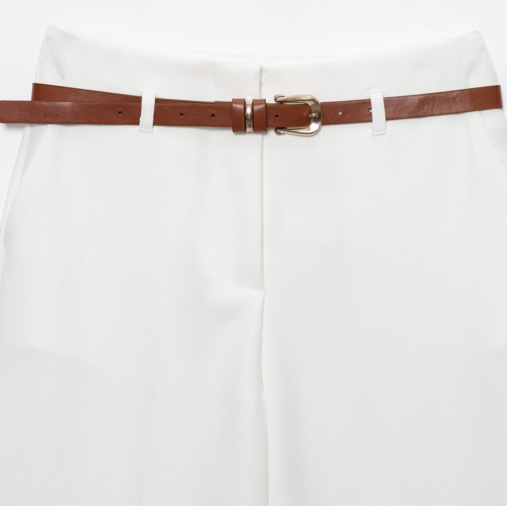 Women’s White High-Waisted Belted Rolled Hem Shorts
