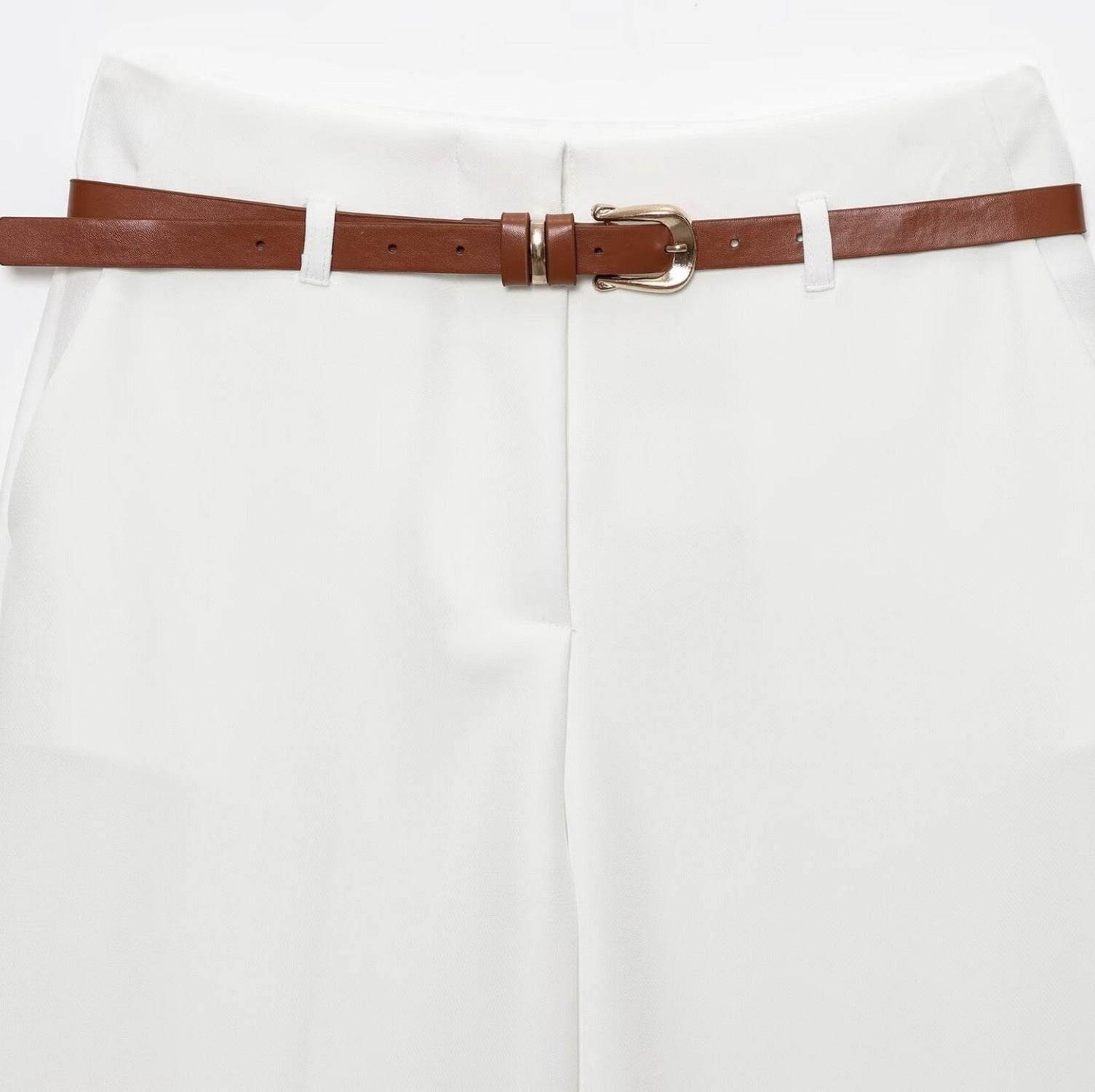 Women’s White High-Waisted Belted Rolled Hem Shorts